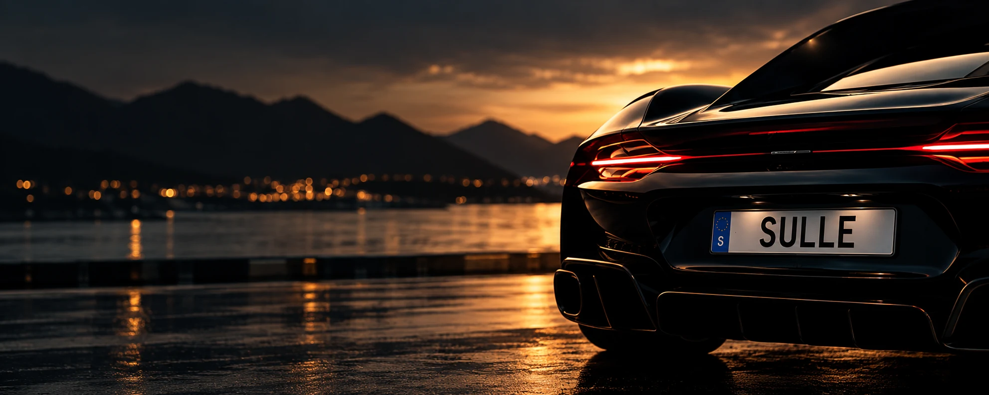 More than Markets — a dark grand touring car at warm sunset with a SULLE licence plate