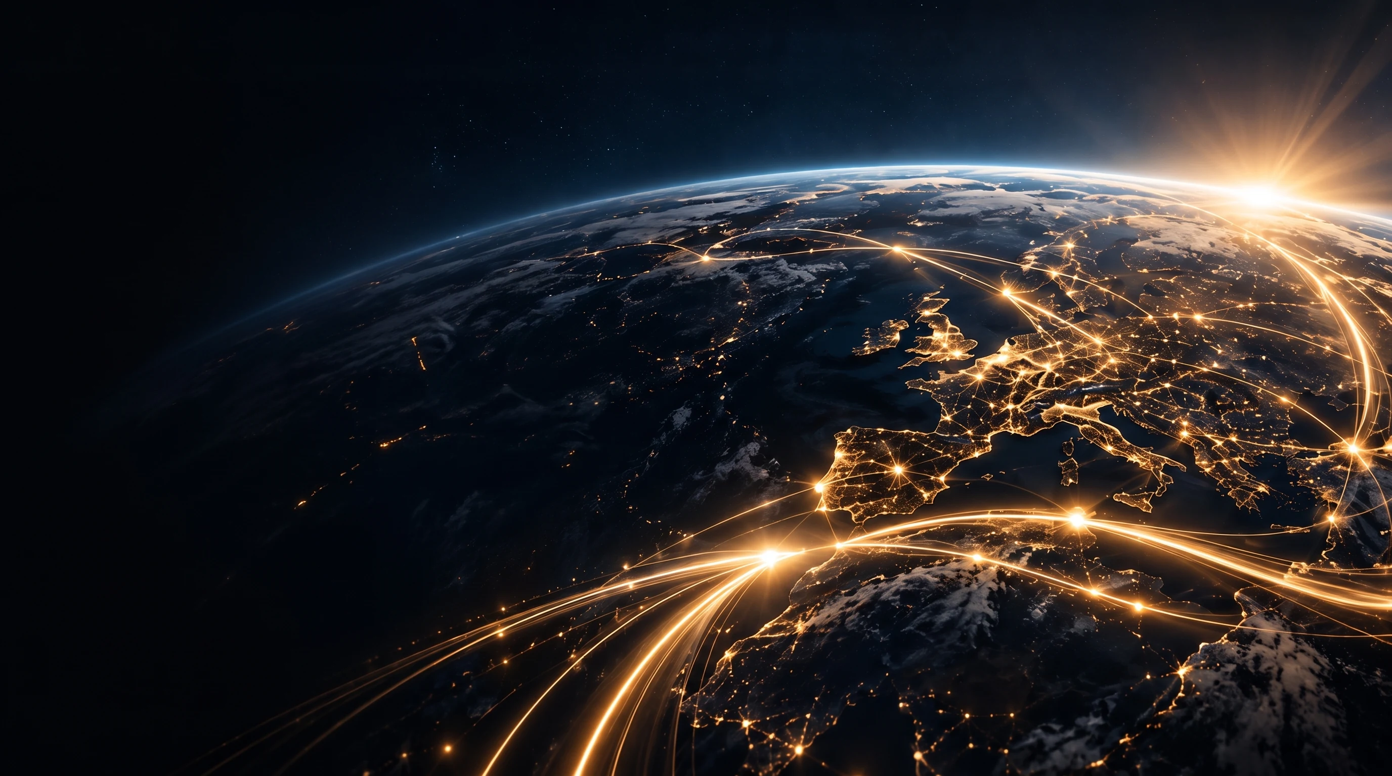 Earth at sunrise with luminous golden connections spanning Europe and the globe